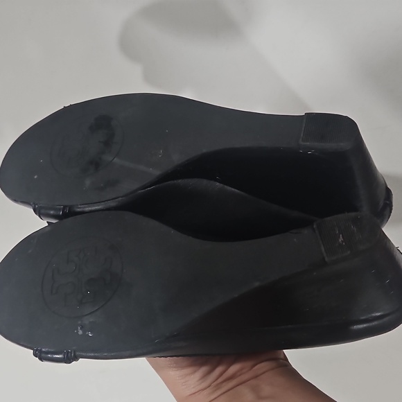 Tory Burch Black Leather Heels with Gold Accents - Picture 5 of 12